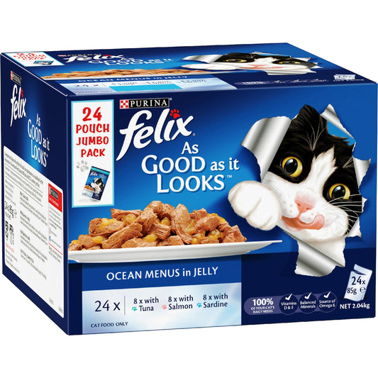 Felix Ocean Menus In Jelly Cat Food Tuna Salmon & Sardine 85g X 24 Pack
