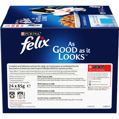Felix Ocean Menus In Jelly Cat Food Tuna Salmon & Sardine 85g X 24 Pack
