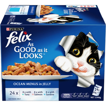 Felix Ocean Menus In Jelly Cat Food Tuna Salmon & Sardine 85g X 24 Pack