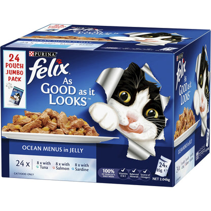 Felix Ocean Menus In Jelly Cat Food Tuna Salmon & Sardine 24 pack