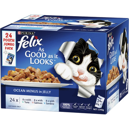 Felix Ocean Menus In Jelly Cat Food Tuna Salmon & Sardine 85g X 24 Pack