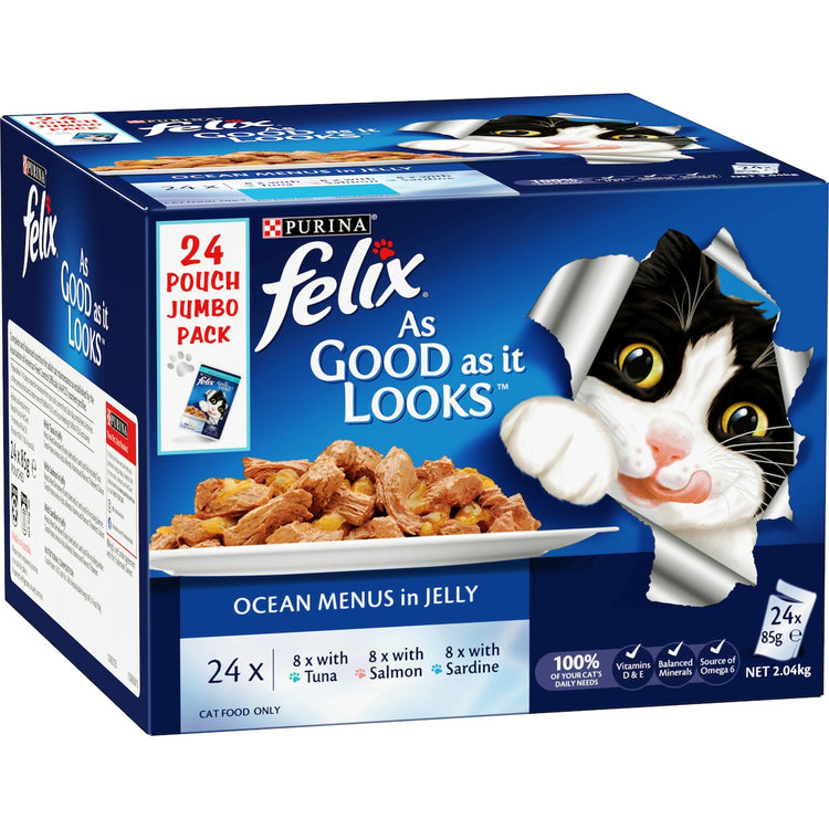 Felix Ocean Menus In Jelly Cat Food Tuna Salmon & Sardine 24 pack