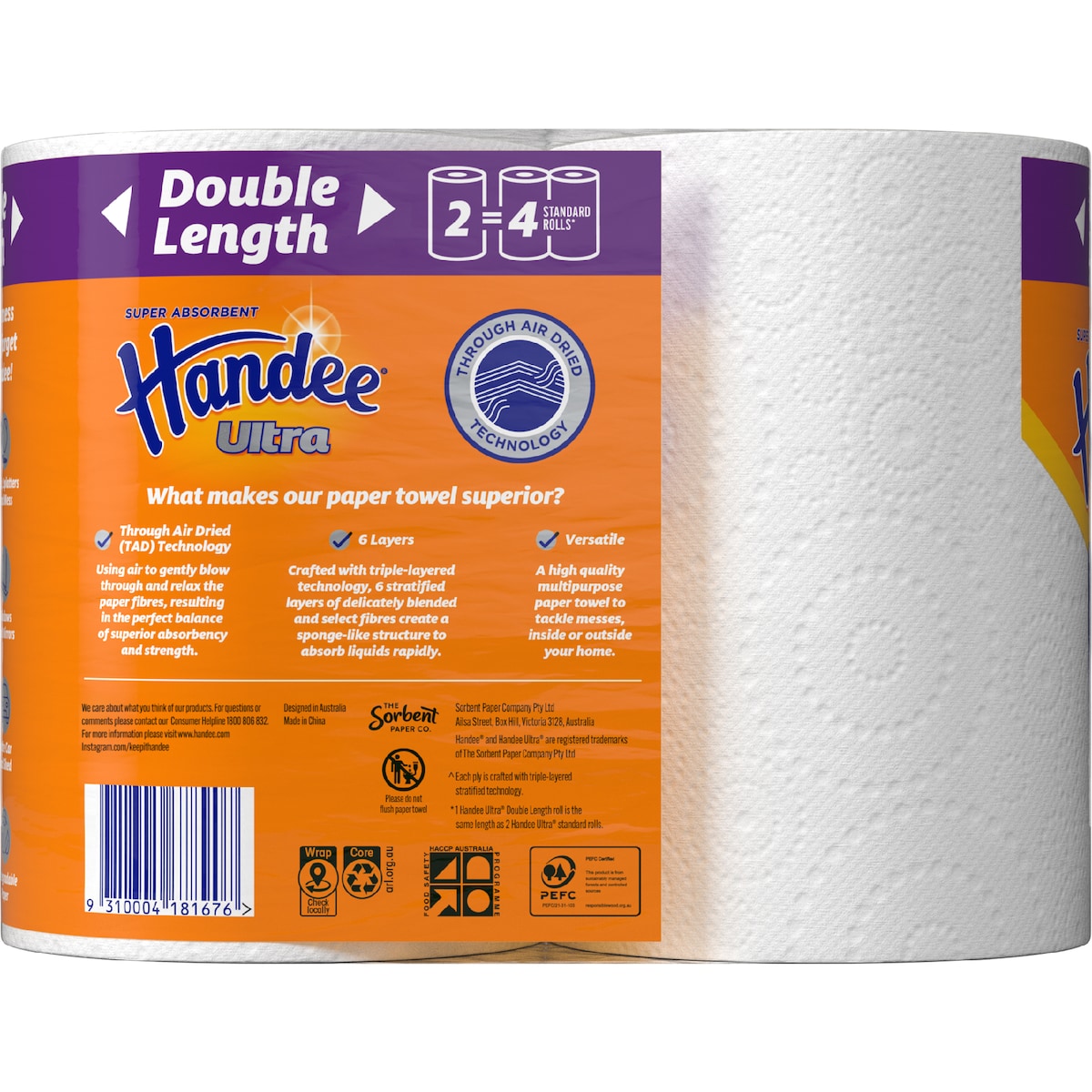 Handee Ultra Double Length White Paper Towel 2 X 120 Pack