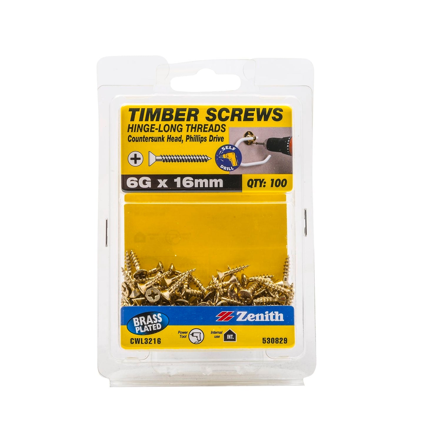 Zenith Hinge Long Thread Screws - 6g x 16mm - Brass - 100 Pack