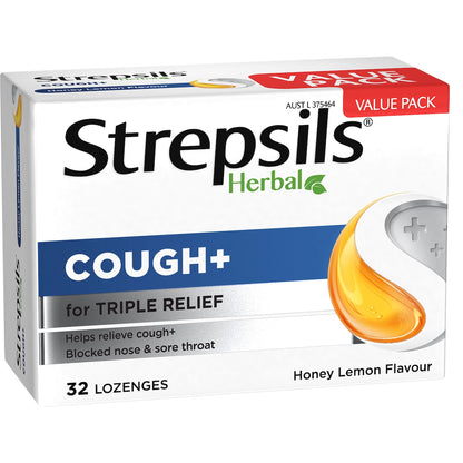 Strepsils Herbal Cough Blocked Nose Sore Throat Lozenges Honey Lemon 32 Pack