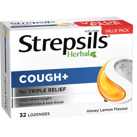 Strepsils Herbal Cough Blocked Nose Sore Throat Lozenges Honey Lemon 32 Pack