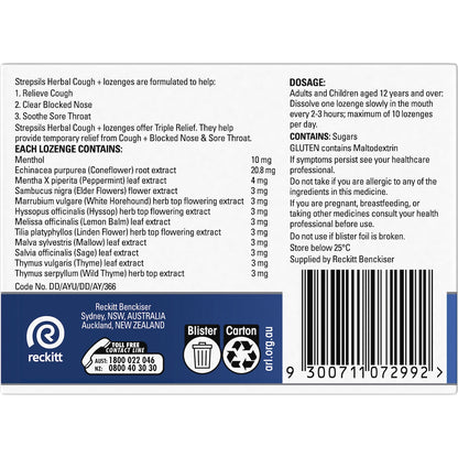 Strepsils Herbal Cough Blocked Nose Sore Throat Lozenges Honey Lemon 32 Pack