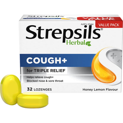 Strepsils Herbal Cough Blocked Nose Sore Throat Lozenges Honey Lemon 32 Pack