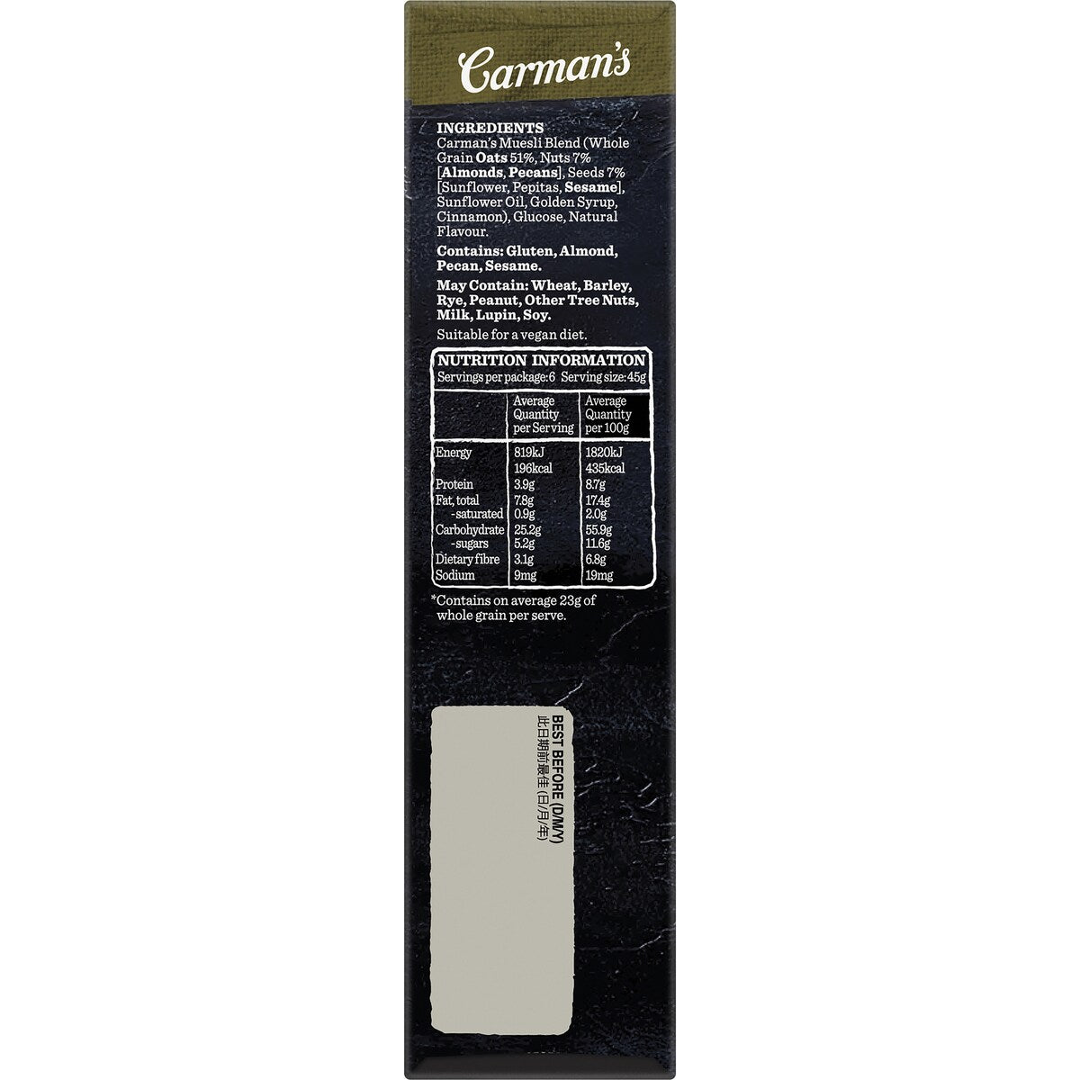 Carmans Muesli Bars Original Fruit Free 6 pack