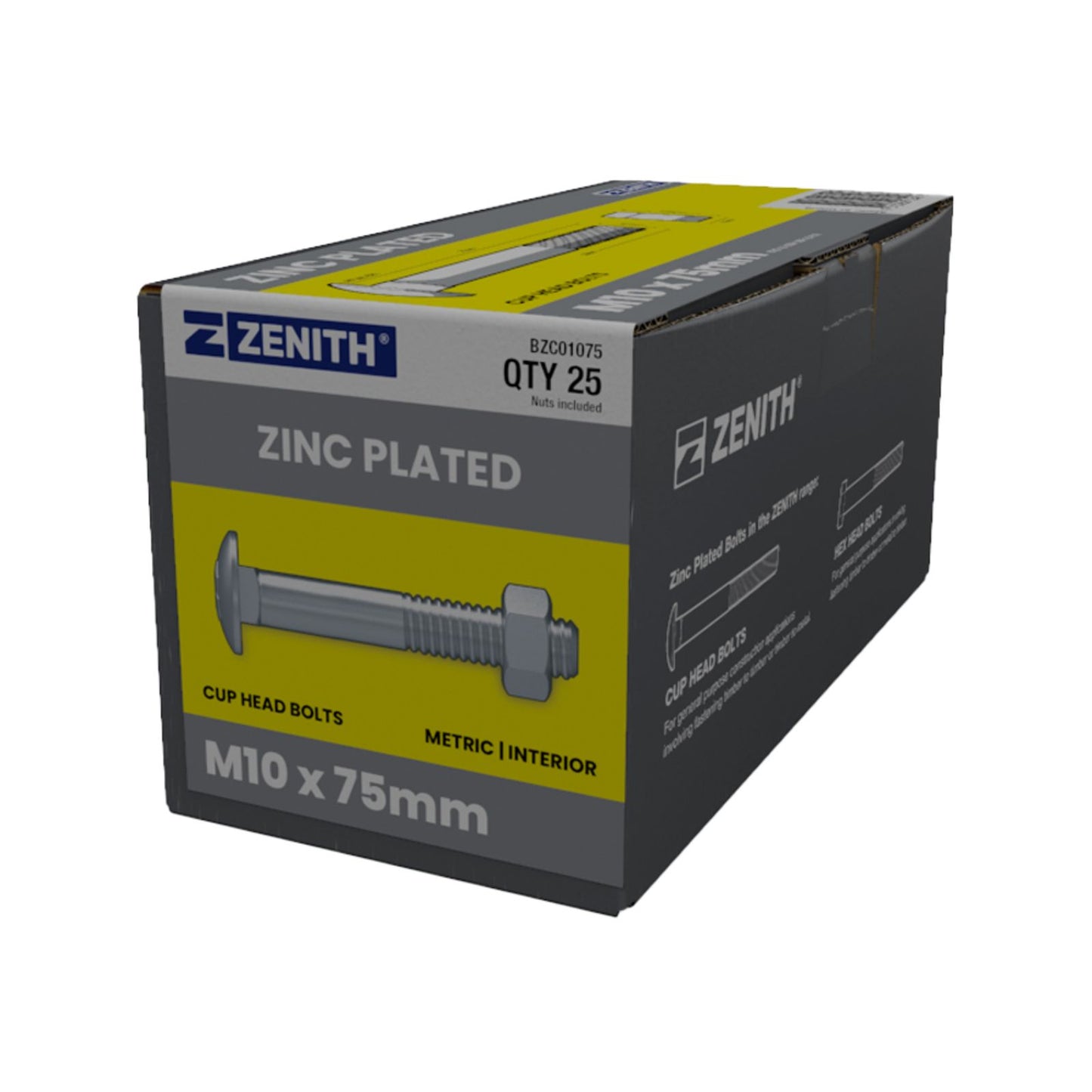 Zenith M10 x 75mm Zinc Plated Cup Head Bolts Nuts - 25 Pack