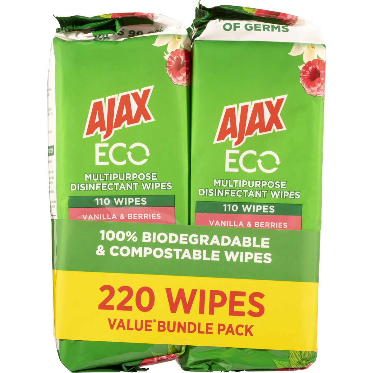 Ajax Eco Antibacterial Cleaning Wipes Vanilla & Berries 220 Pack