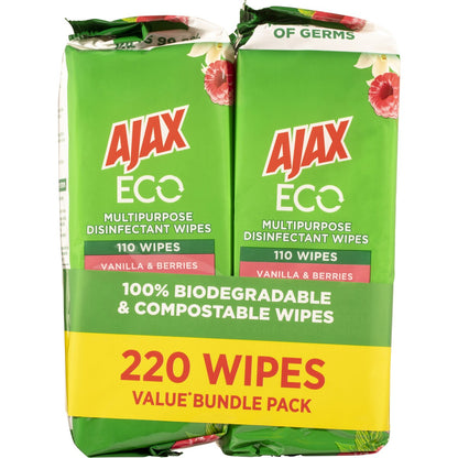 Ajax Eco Antibacterial Cleaning Wipes Vanilla & Berries 220 Pack