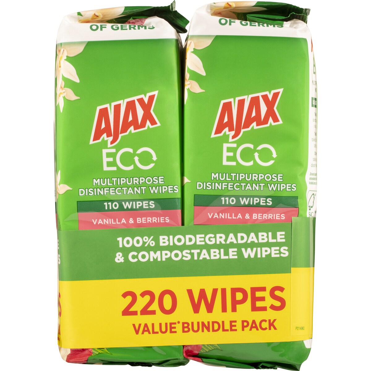 Ajax Eco Antibacterial Cleaning Wipes Vanilla & Berries 220 Pack