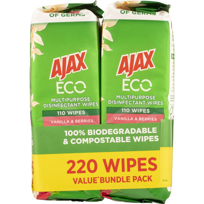Ajax Eco Antibacterial Cleaning Wipes Vanilla & Berries 220 Pack