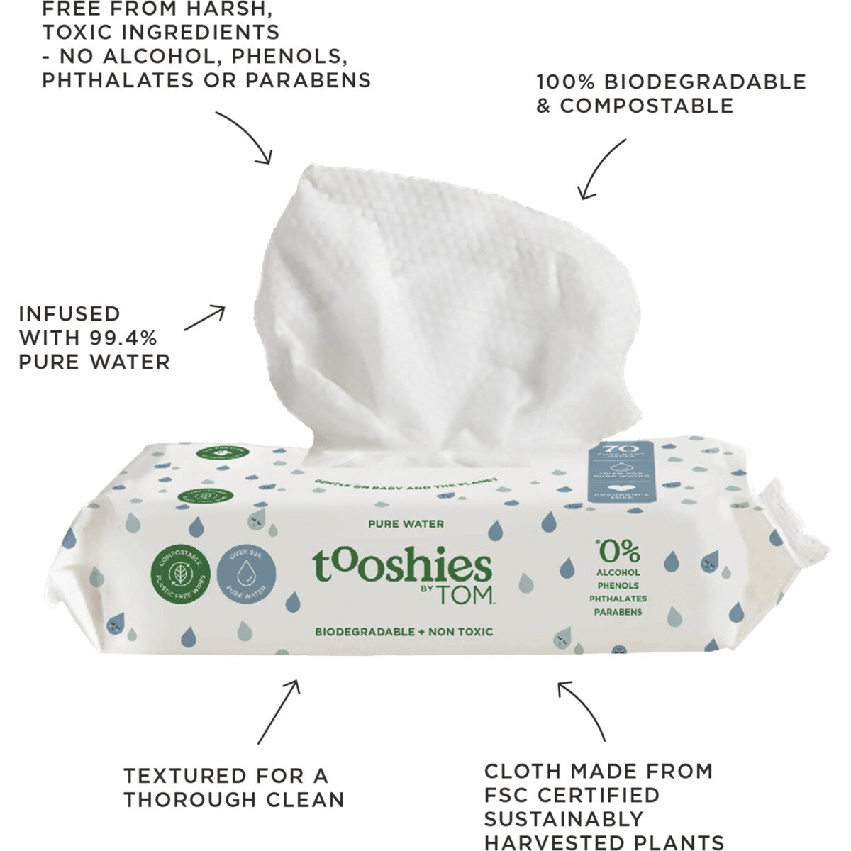 Tooshies Eco Wipes Pure Water Baby Wipes 70 Pack