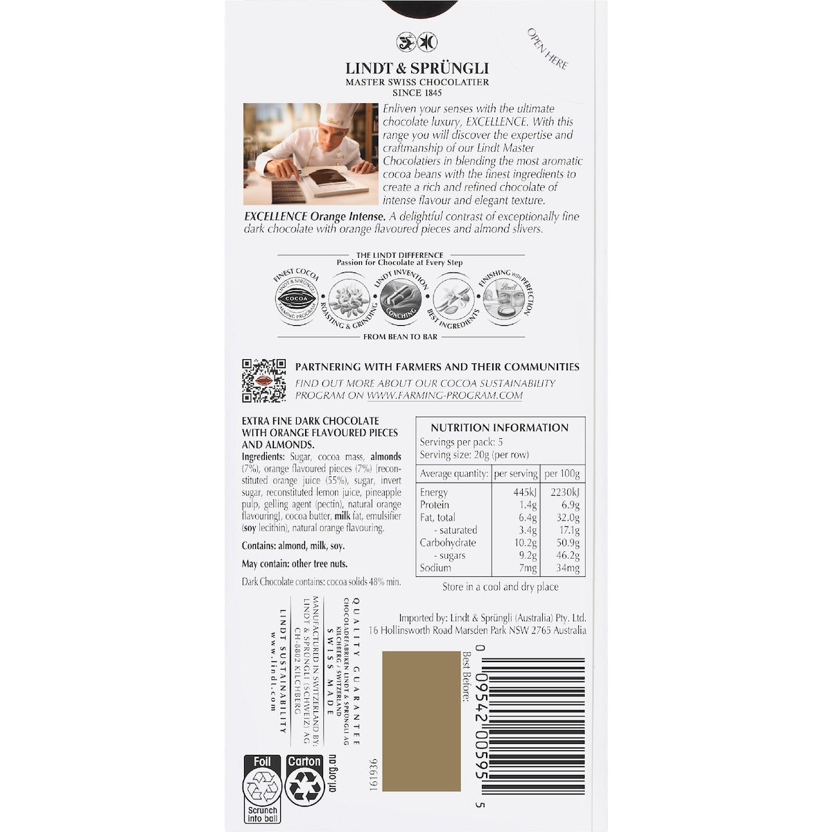 Lindt Excellence Dark Chocolate Block Orange Intense 100g