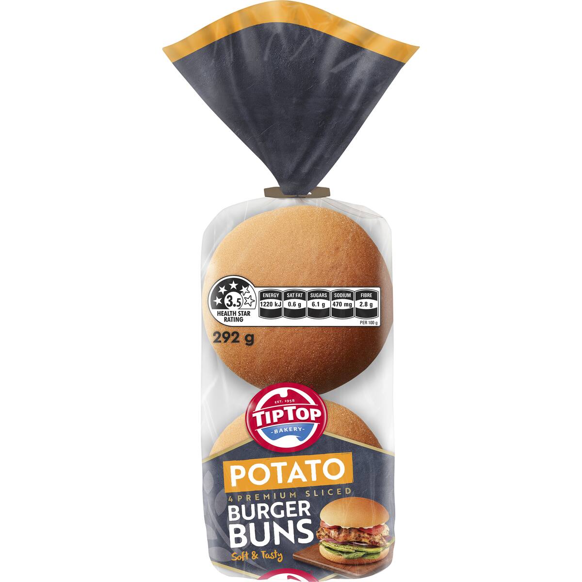 Tip Top Potato Burger Buns Bbq Bread Rolls Bakery 4 Pack