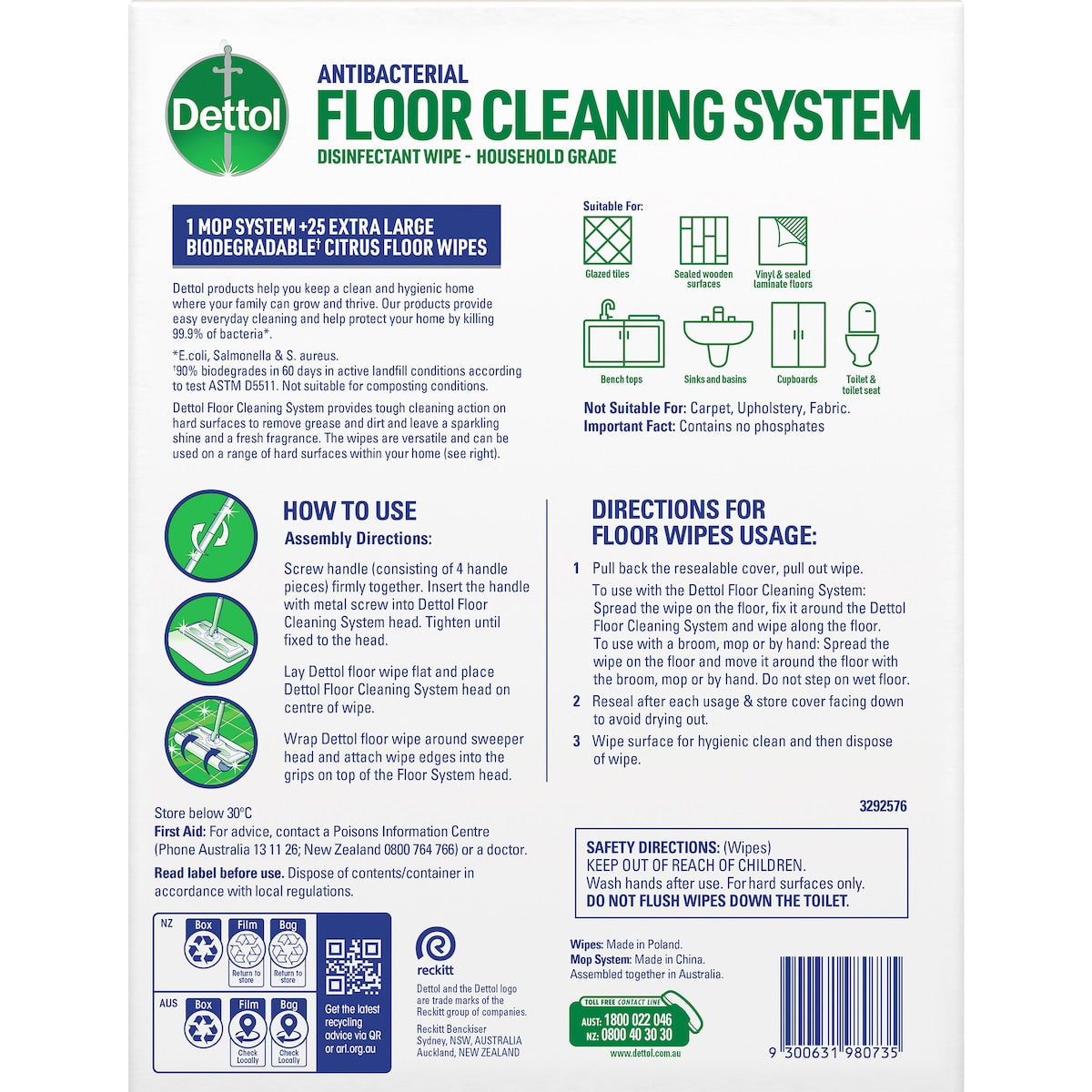 Dettol Antibacterial Floor Mop System With 25 Floor Cleaning Wipes Each