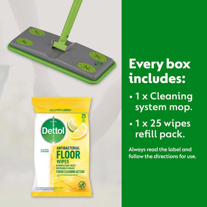Dettol Antibacterial Floor Mop System With 25 Floor Cleaning Wipes Each