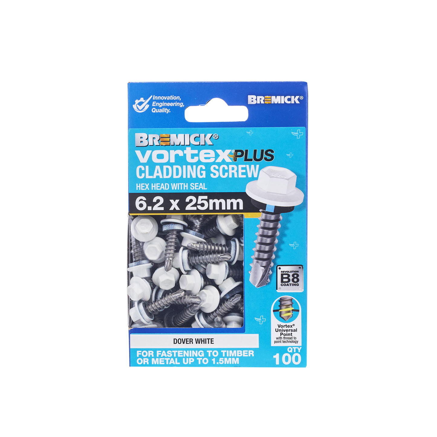 Bremick Vortex Plus Cladding Screw - 6.2 x 25mm - Hex B8 - Dover White - 100 Pack