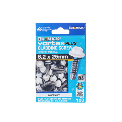 Bremick Vortex Plus Cladding Screw - 6.2 x 25mm - Hex B8 - Dover White - 100 Pack