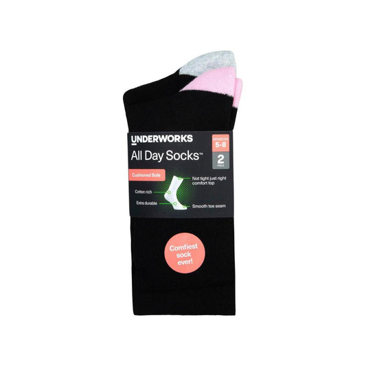 All Day Ladies Cushion Foot Socks Black Size 5-8 2 Pack HL1032