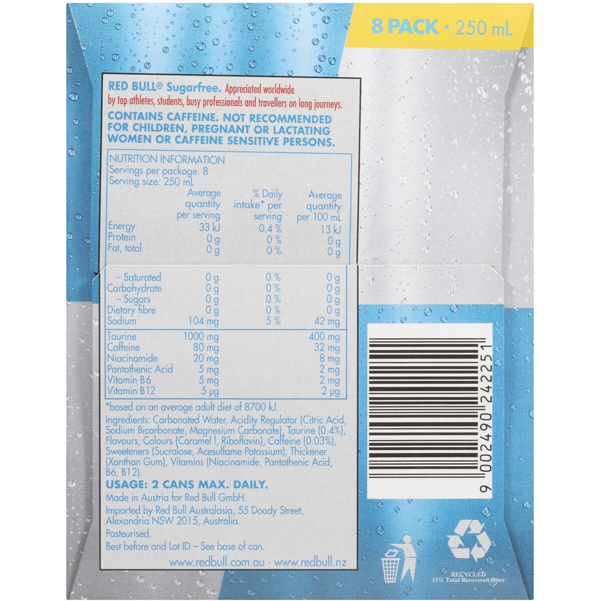 Red Bull Energy Drink Sugar Free Cans 8 X250ml