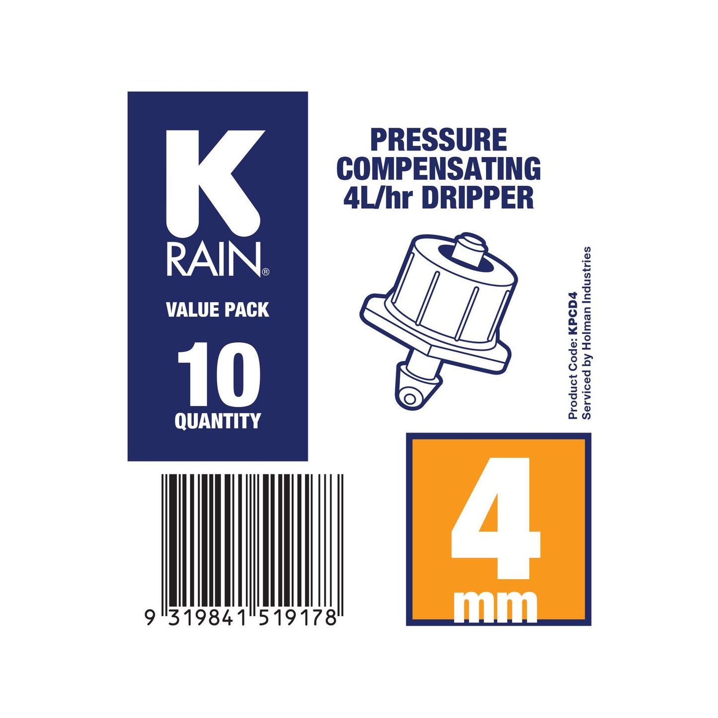 K Rain Pressure Compensating Dripper - 4mm - 4L/hr - 10 Pack