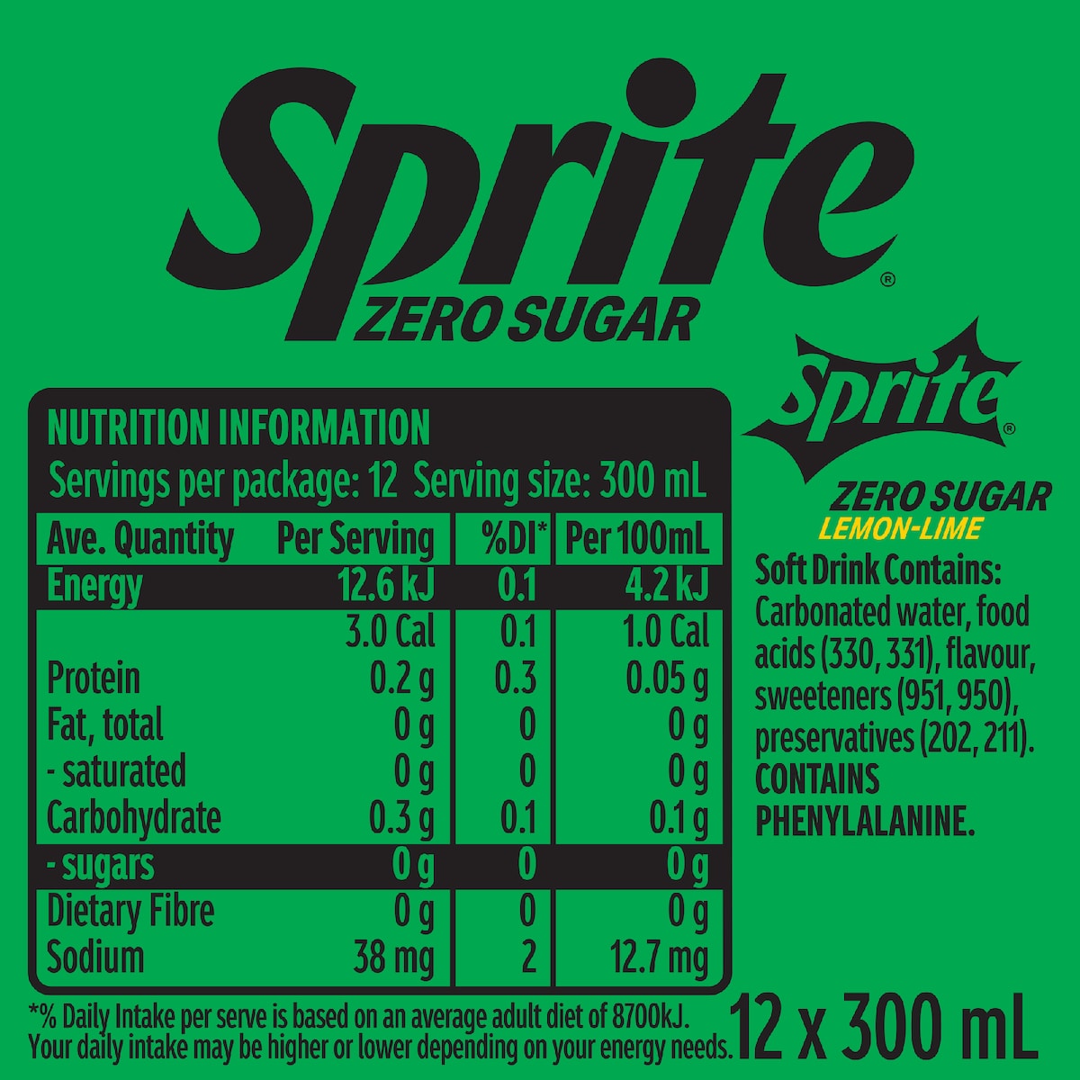 Sprite Zero Sugar Lemonade Soft Drink Mini Bottles 300ml X 12 Pack