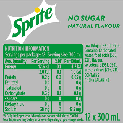 Sprite Zero Sugar Lemonade Soft Drink Mini Bottles 300ml x12 Pack