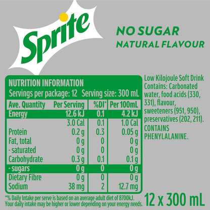 Sprite Zero Sugar Lemonade Soft Drink Mini Bottles 300ml X 12 Pack