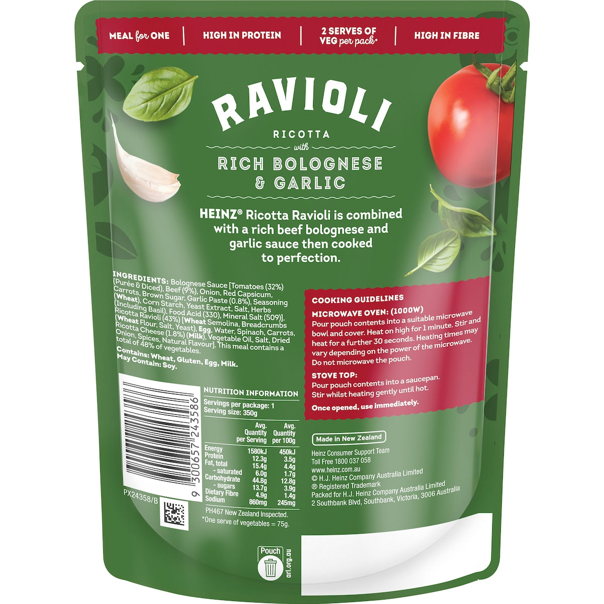 Heinz Ravioli Ricotta Pasta Pouch With Rich Bolognese & Garlic 350g