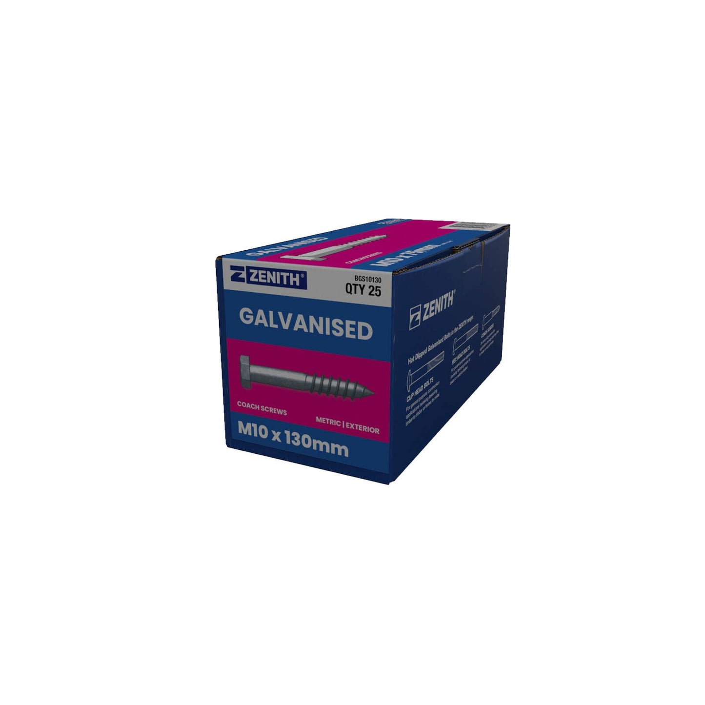 Zenith Hot Dip Galvanised Hex Head Coach Screws - M10 x 130mm - 25 Pack