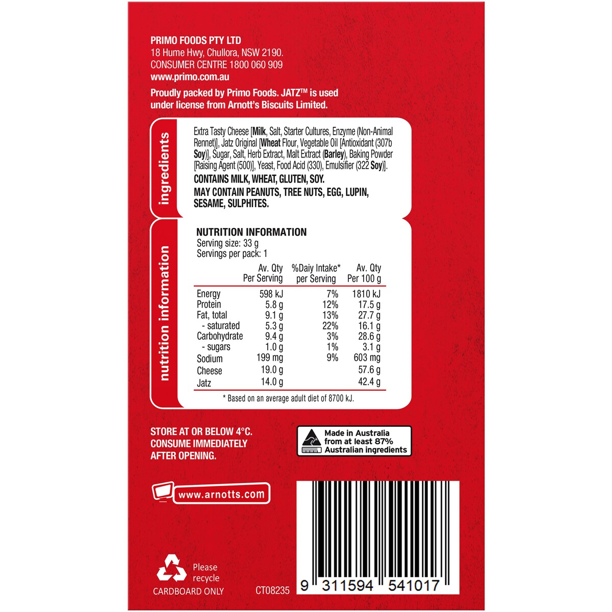Arnotts Jatz Cracker Biscuits & Extra Tasty Cheese 33g