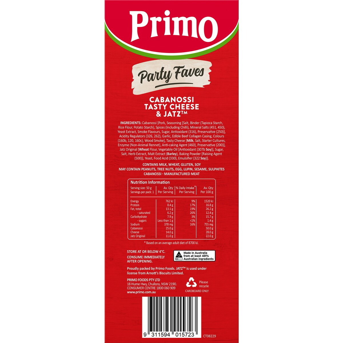 Primo Trios Cabanossi Cheese & Jatz Crackers 50g