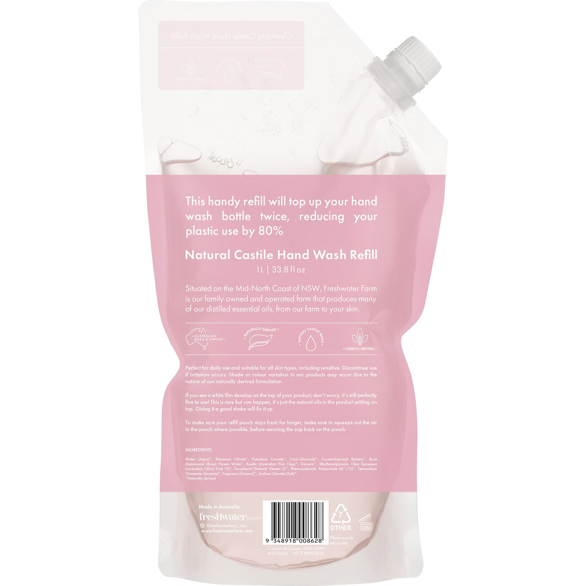 Freshwater Farm Australia Rosewater + Pink Clay Hand Wash Refill Pouch 1l
