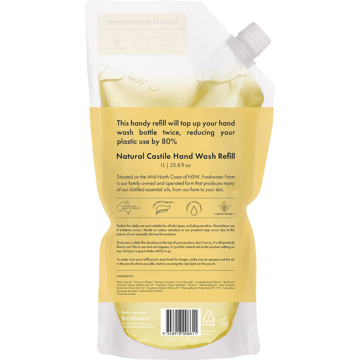 Freshwater Farm Australia Lemon Myrtle Manuka Honey Hand Wash Refill Pouch 1l