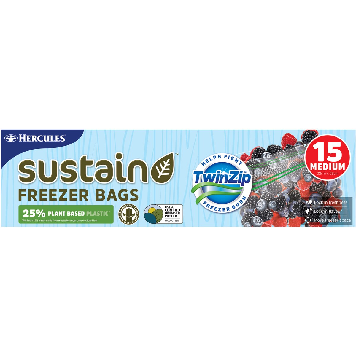 Hercules Sustain Freezer Bags Twin Zip Medium 15 Pack