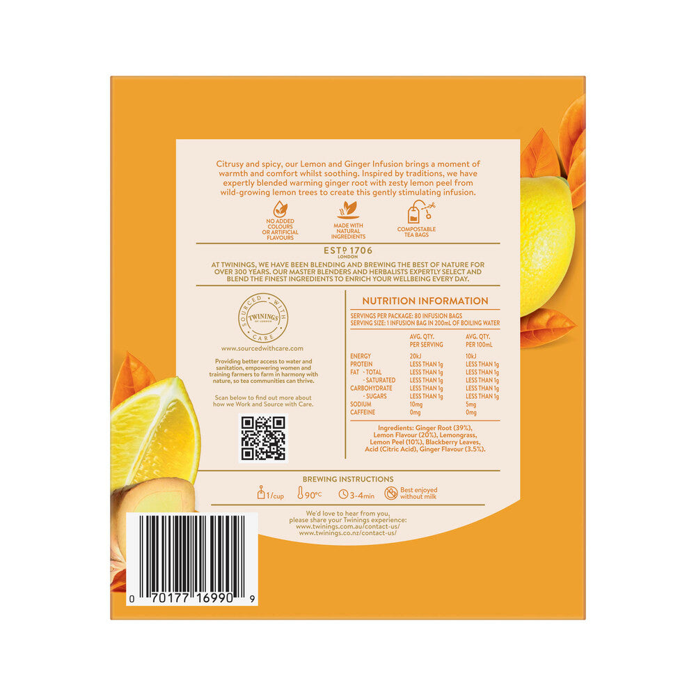 Twinings Lemon & Ginger Infusions Tea Bags 80 Pack - 120g