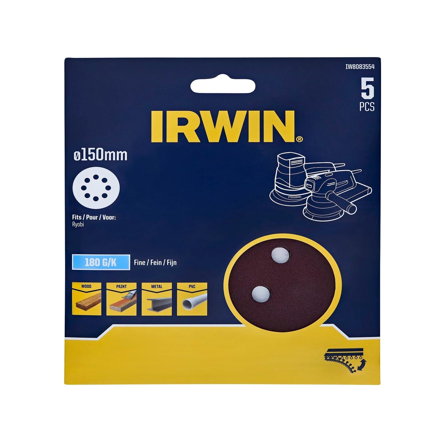 Irwin Quick Fit Random Orbital Sanding Disc - 150mm - 180 Grit - 5 Pack