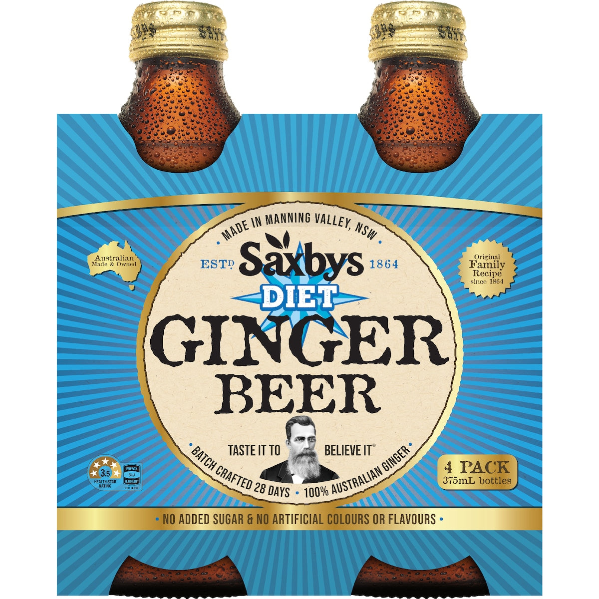 Saxbys Diet Ginger Beer 375ml X 4 Pack