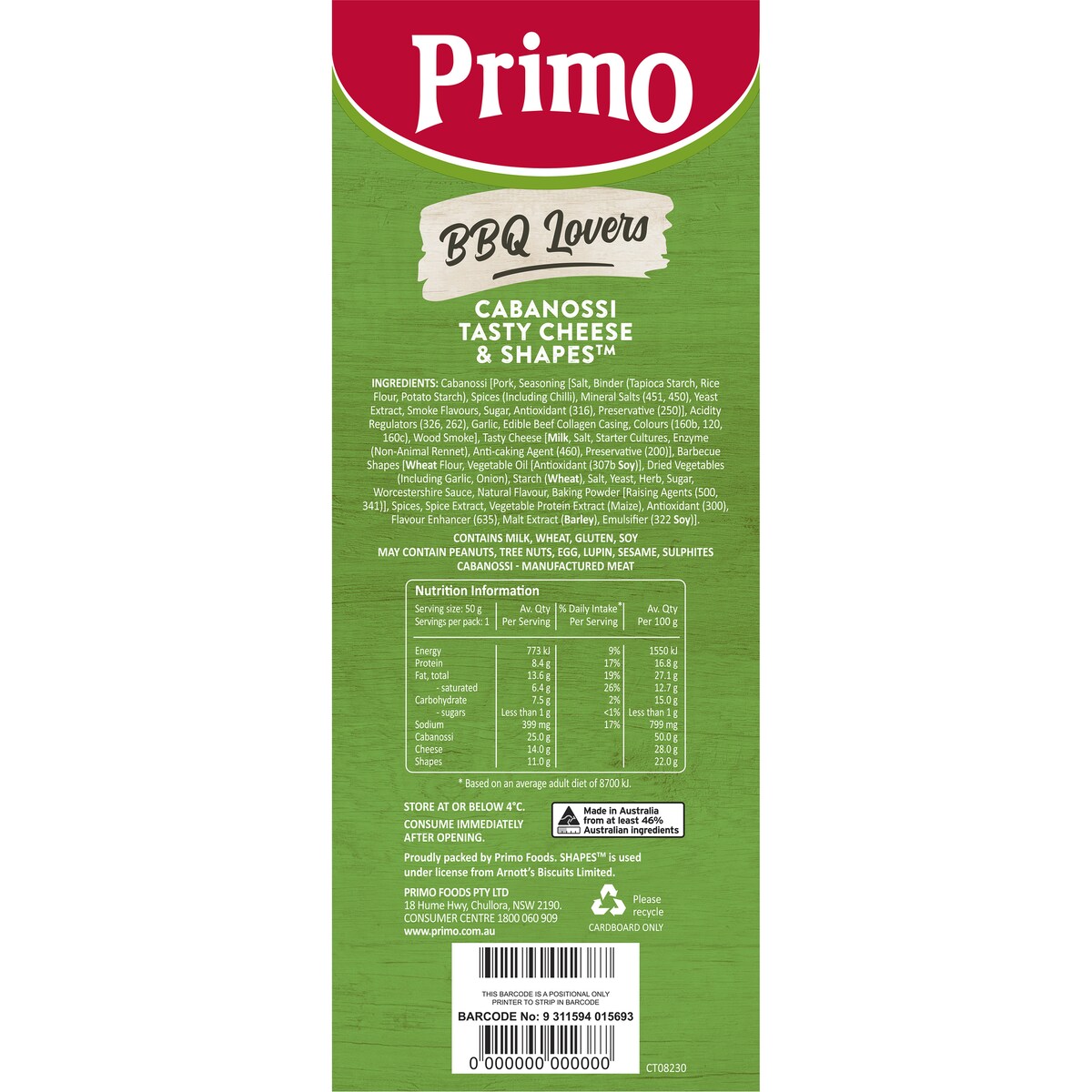 Primo Trios Cabanossi Cheese & Arnotts Bbq Shapes 50g
