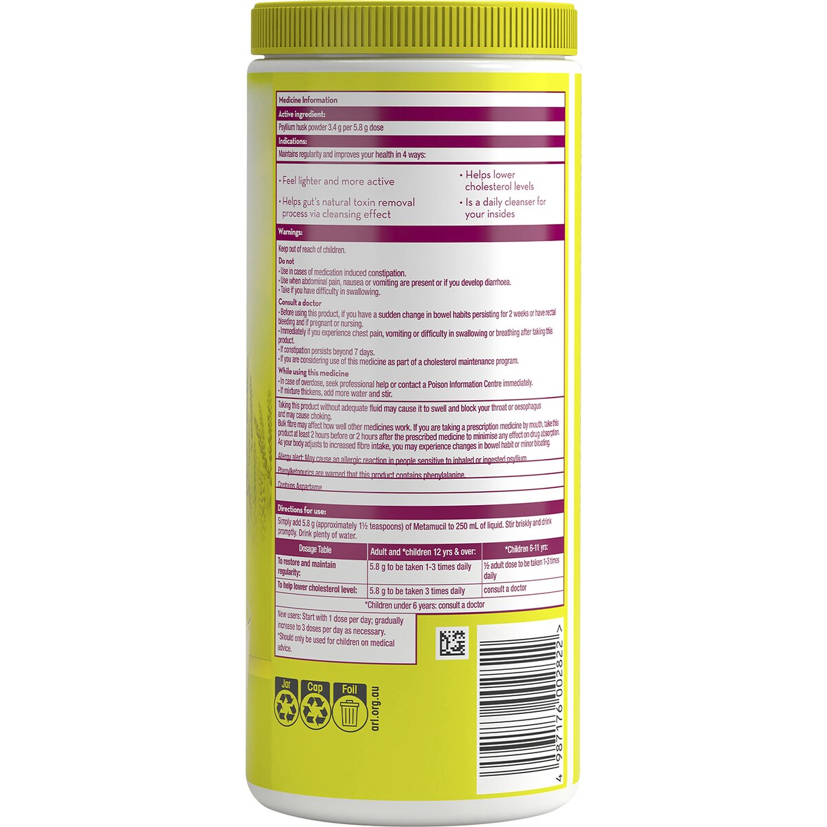 Metamucil Daily Fibre Supplement Lemon Lime Smooth 72 Doses 425g