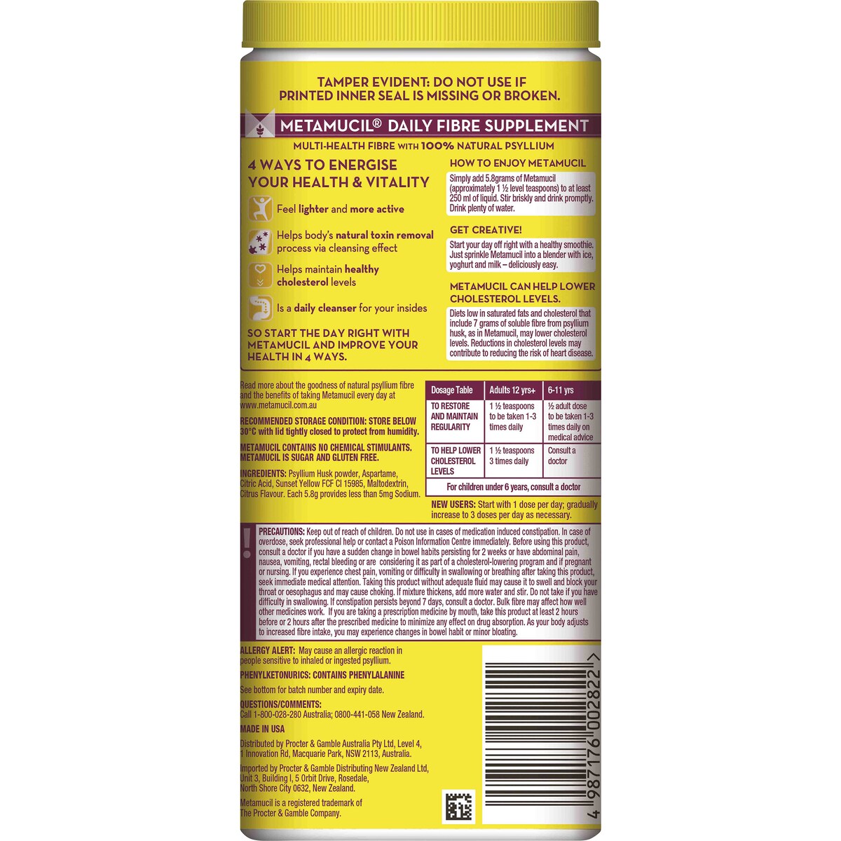 Metamucil Daily Fibre Supplement Lemon Lime Smooth 72 Doses 425g