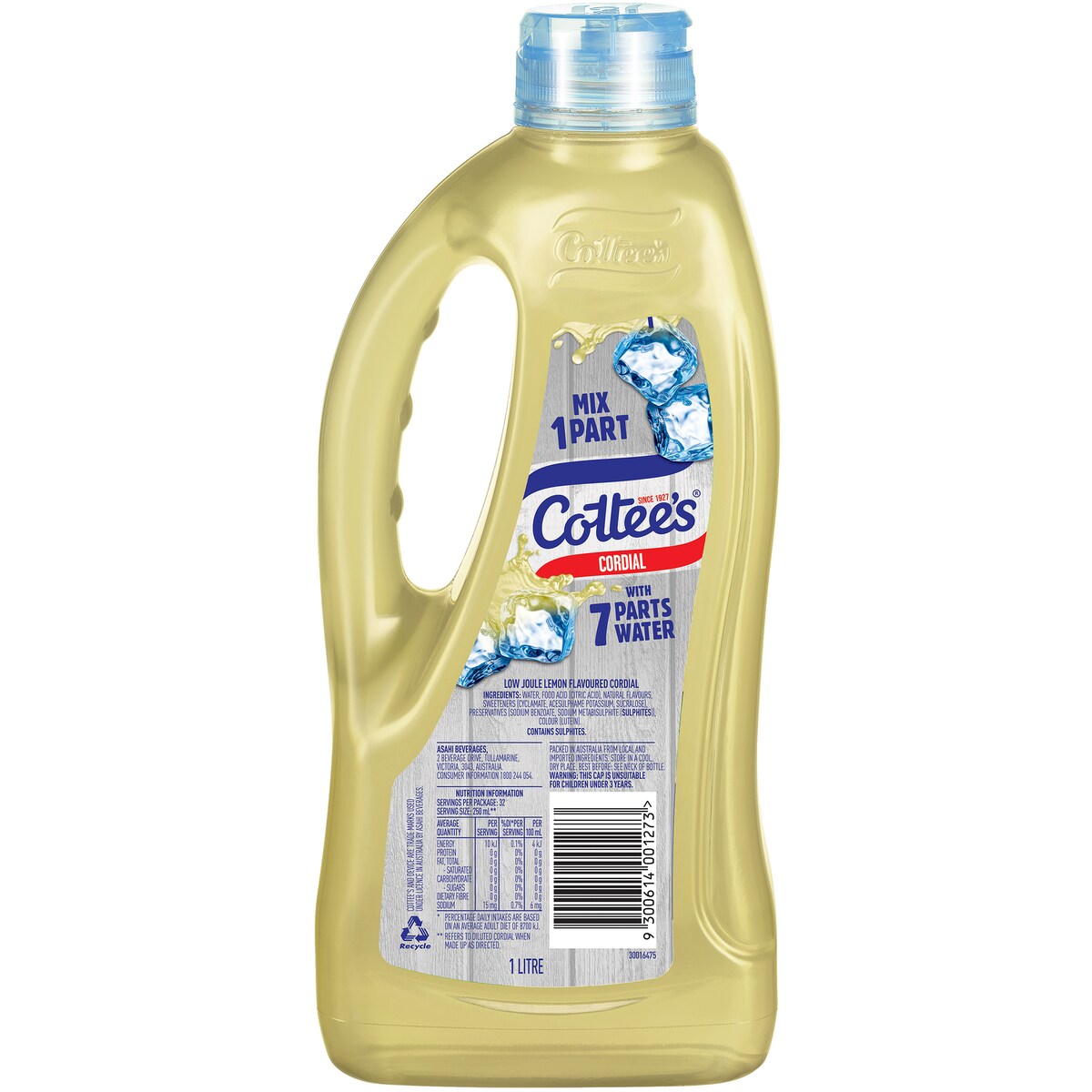 Cottee's Zero Sugar Cordial Lemon Cordial Lemon Crush Bottle 1L