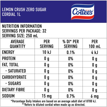 Cottee's Zero Sugar Cordial Lemon Cordial Lemon Crush Bottle 1L