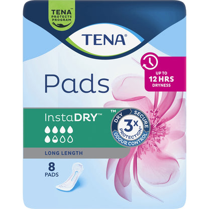Tena Incontinence Pads Instadry Long Length 8 Pack