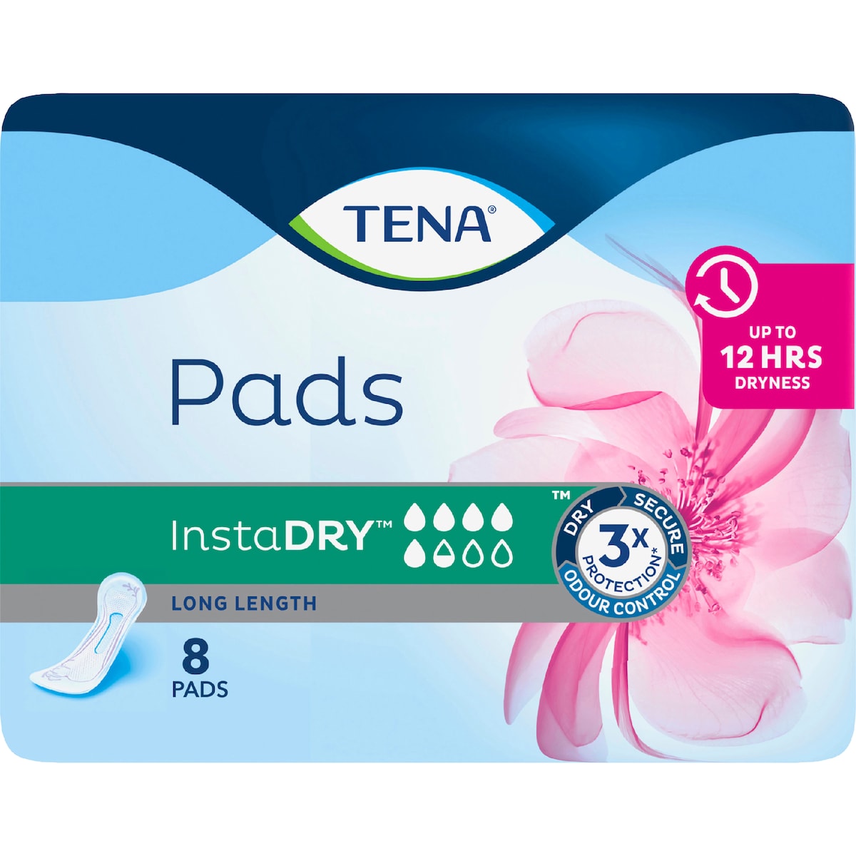 Tena Incontinence Pads Instadry Long Length 8 Pack