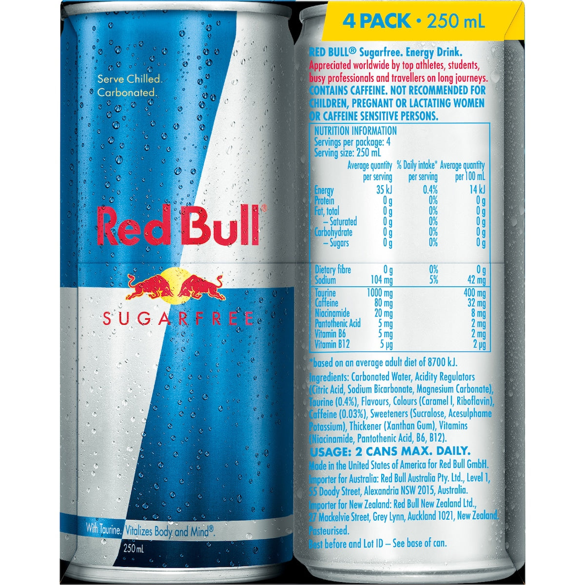 Red Bull Energy Drink Sugar Free 250ml X 4 Pack