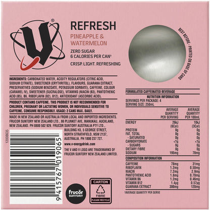 V Energy Refresh Pineapple & Watermelon Zero Sugar Cans 250ml X 4 Pack